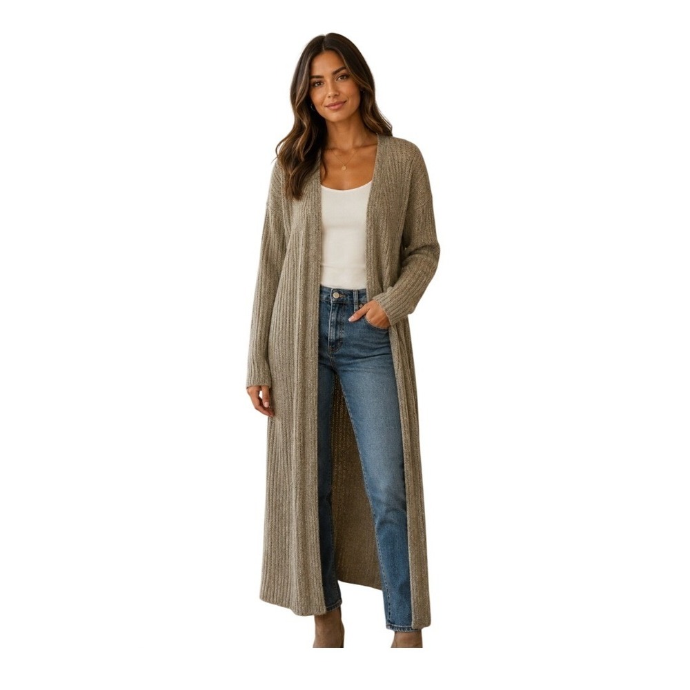 Pink Blush Duster Longline Cardigan Sweater Sage Green Ribbed Knit Open Front